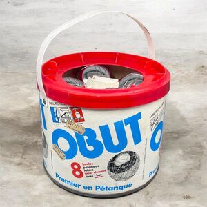 VTG 80s OBUT/DOG Petanque Boules Set 8 Steel Balls French Lawn Game Baril Bucket